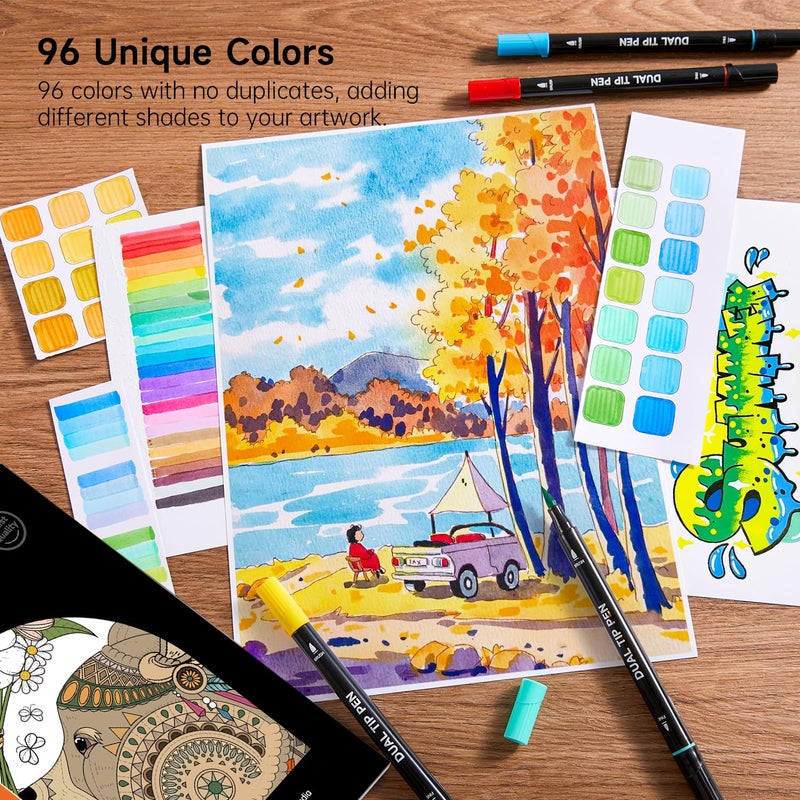 Shuttle Art Dual Tip Brush Pens, 96 Colours Fine and Brush Tip Markers Set with Pen Holder & 1 Colouring Book, Felt Tip Colouring Pens for Adults and Children Colouring Calligraphy Journal Doodling - Image 5
